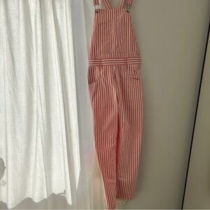 Pink and white striped railroad overalls dungarees jumpsuit